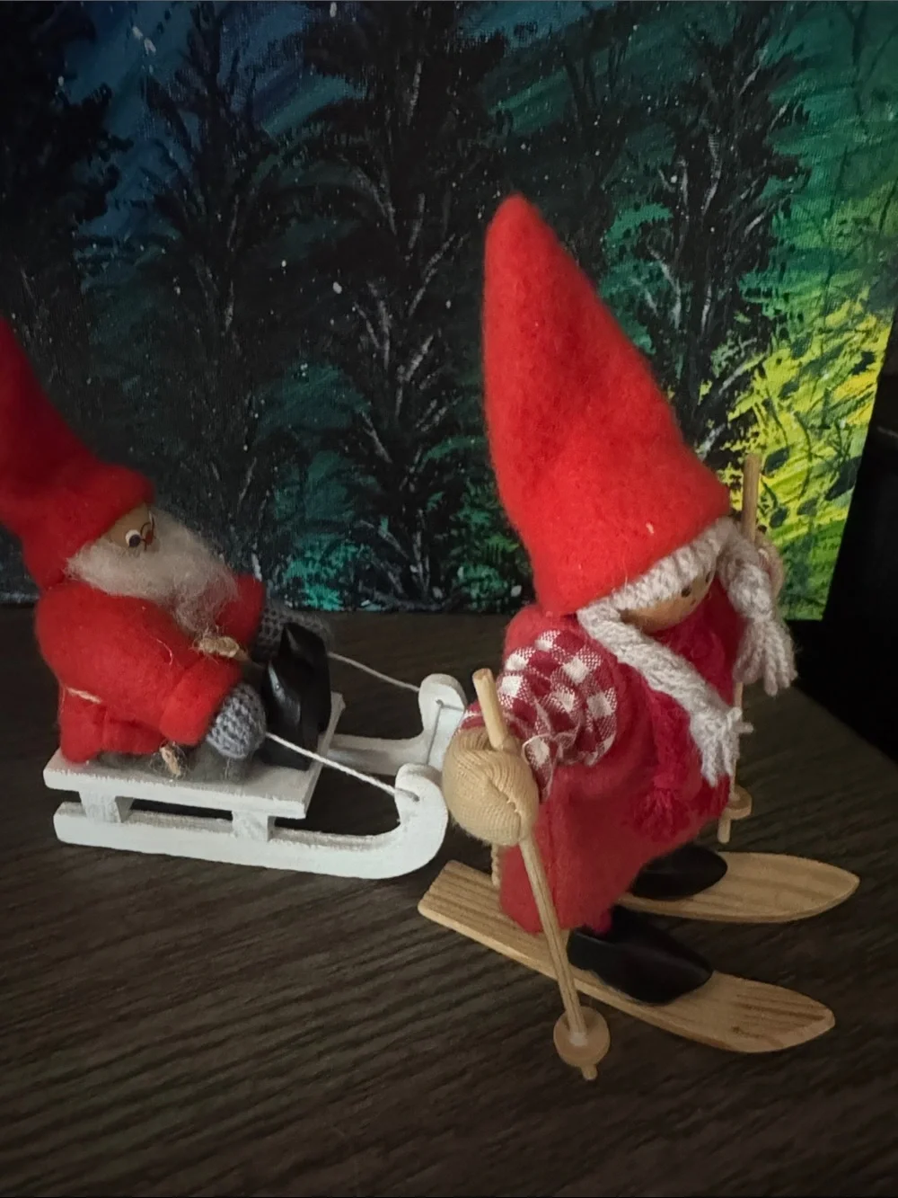 German, Santa on Sled and Skiing Nome, Classic Holiday, VTG.